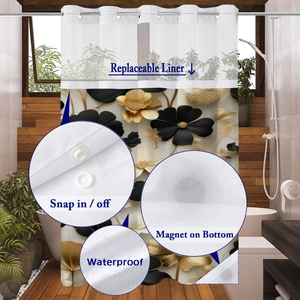 Detail of snap-in floral shower curtain with replaceable liner and magnetic weighted bottom