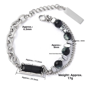 Detail view of multi-layer hematite and steel bracelet showing size and weight specs