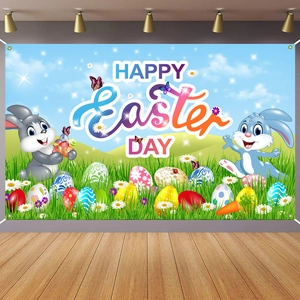 Easter backdrop with festive bunnies, colorful eggs and Happy Easter Day text