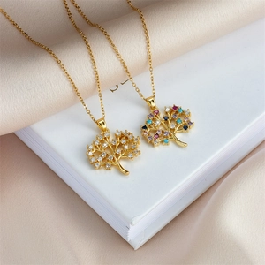 Golden Tree of Life necklaces with white and multicolored cubic zirconia crystals