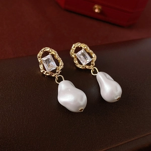 Artificial Baroque Pearl Dangle Earrings With Copper Zircon And Silver Earring Post Vintage French Style Women Accessories