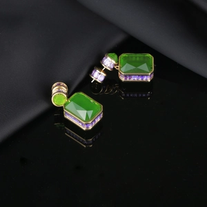 Elegant gold drop earrings with emerald-cut green stone and purple zircon accents