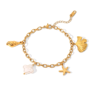 Detailed view of gold stainless steel bracelet with starfish, seashell and flower charms