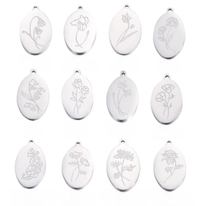 Oval Birth Month Flower Pendants Engraved Floral Charms 304 Stainless Steel For DIY Jewelry Making Findings Accessories