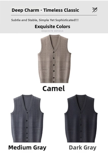 Detail of V-neck knitted vests showing camel, grey, and dark grey textured fabrics