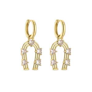 Golden horseshoe drop earrings with micro-paved heart-shaped cubic zirconia stones