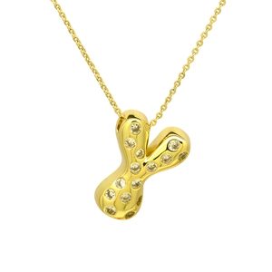 Detailed view of bubble alphabet Y pendant necklace with sparkling zircon in gold finish