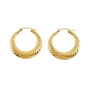 Chic twisted gold hoop earrings with textured finish in 18K gold plating on white background