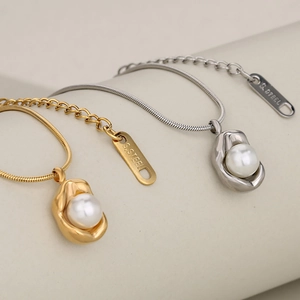French retro irregular faux pearl peanut pendant necklace in stainless steel snake chain