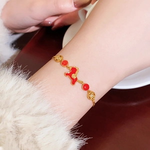Elegant 18k gold plated pony pendant bracelet with red enamel beads for women