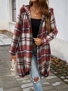 Street style view of a long-sleeved plaid hooded jacket with pockets and zipper detail