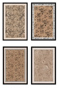 Macro detail of four vintage floral carpet patterns with lily and camellia botanical art