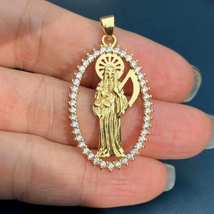 Gold-plated Santa Muerte pendant with white cubic zirconia inlay for necklaces