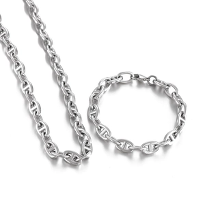 Polished silver anchor chain jewelry set with necklace and bracelet in minimalist style