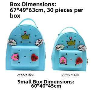Detail view of light blue EVA bucket backpacks with decorative charms and cut-out holes