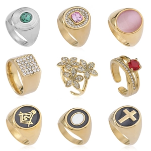 Vintage Stainless Steel Ring Luxury Rhinestone Inlaid Gemstone Signet Ring Gold Silver Plated Geometric Finger Ring For Men Women Fashion Jewelry