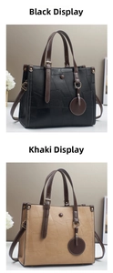 Detail view of vintage tote bags in black and khaki with geometric textures and gold buckles