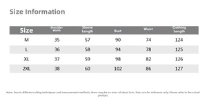 Detailed size chart for ethnic print dress with shoulder and chest measurements