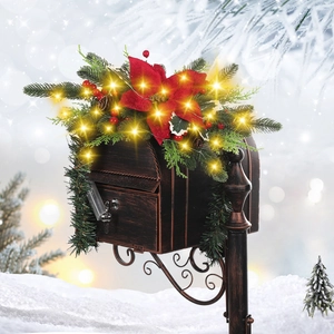 Illuminated Christmas mailbox garland with pine branches, red berries and poinsettia