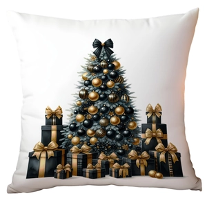 Detailed view of luxury black and gold Christmas tree print on high-quality cushion cover