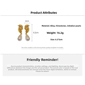Detail view of pearl drop earrings with wheat ear design and dimensions 6.2 by 2cm