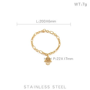 Detail view of gold stainless steel Hamsa Hand bracelet with size and weight specs