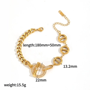 Detail of gold bracelet with cubic zirconia OT toggle clasp and chain length specs