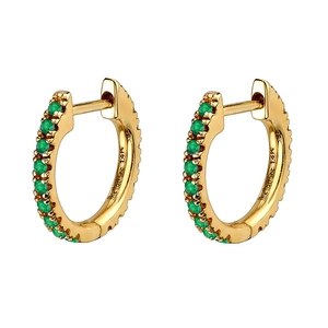 Luxury 14k gold hoop earrings with green zircon stones shown on a clean white background
