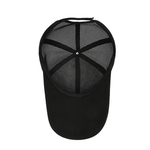 Men's black mesh baseball cap with breathable back and solid brim, top-down view