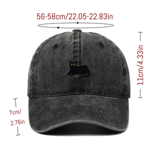 Washed cotton baseball cap with black cat embroidery and yellow eyes, vintage style