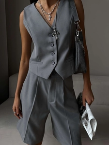 Chic grey V-neck vest and straight suit shorts set for women in high-quality fabric