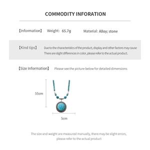 Detail of bohemian turquoise stone beaded necklace with dimensions and metal alloy weight info