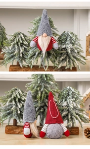 Detail of red and grey Christmas gnomes with knitted hats and plush textures