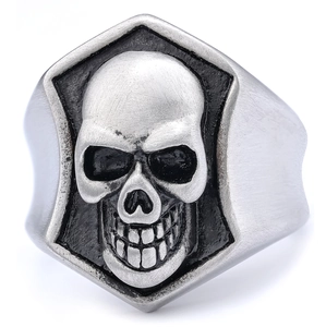 Retro punk style stainless steel skull ring for men with hexagonal vintage silver finish