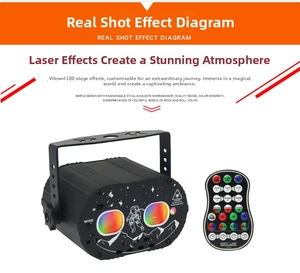 Detail of laser stage light with remote control showing star and mountain pattern housing