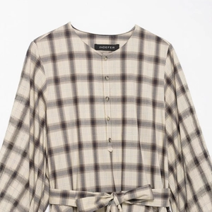 Damen Karo-Hemdblusenkleid mit langen Ärmeln und Knöpfen in Beige und Dunkelbraun