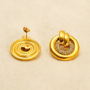 18K gold plated stainless steel hoop earrings with crystals shown from front and back