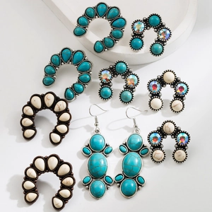 Vintage Boho Alloy Turquoise Drop Earrings For Women Ethnic Geometric Rhinestone Inlaid Stainless Steel Post Earrings