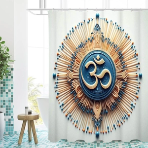 Detail view of Mandala shower curtain with Om symbol and golden weave patterns