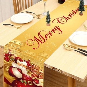 Golden Christmas table runner with Santa Claus illustration and Merry Christmas text decor