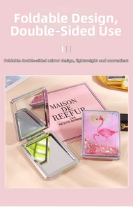 Portable pink flamingo double-sided folding mirror with liquid quicksand and glitter