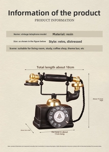 Macro detail of vintage resin telephone model with dimensions and retro gold accents