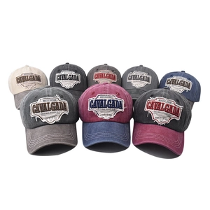 Vintage washed cotton baseball caps with bull head embroidery and distressed textures