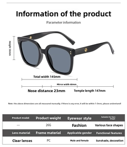 Detailed size chart for square frame sunglasses with precise lens and temple measurements