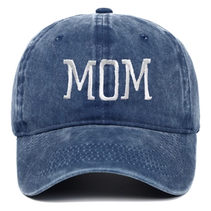 Vintage washed blue cotton baseball cap featuring white MOM embroidery in a front view