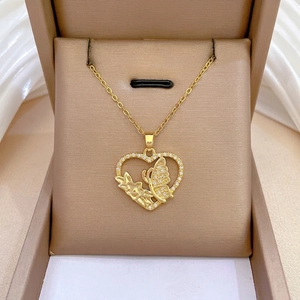 Heart Butterfly Flower Pendant Necklace Stainless Steel Gold Plated Copper Zirconia Elegant Sparkling Jewelry Women