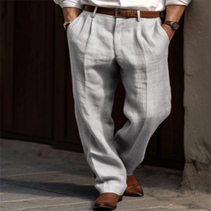 Men's loose straight-leg linen pants in light grey, casual breathable cotton blend trousers