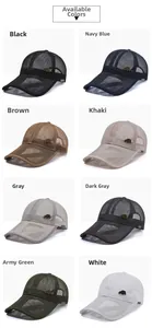 Mesh baseball cap detail showing breathable fabric and metal logo in eight colors