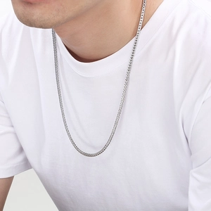 Polished silver stainless steel braided wheat chain necklace for men in minimalist style