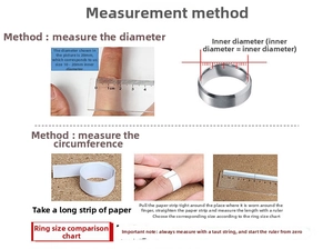 Detailed size guide for pink heart ring showing how to measure finger circumference and diameter
